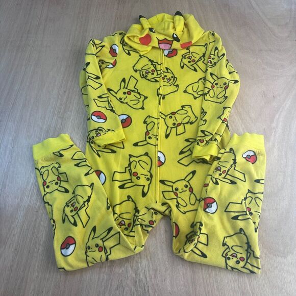 Pokemon Pikachu Fleece One Piece Pajamas Kids 10/12 Hooded Halloween Costume - Picture 1 of 3